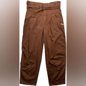 Vintage 90s Paperbag Cotton Pants Cinched Belted Waist Ankle Baggy Rouched Brown